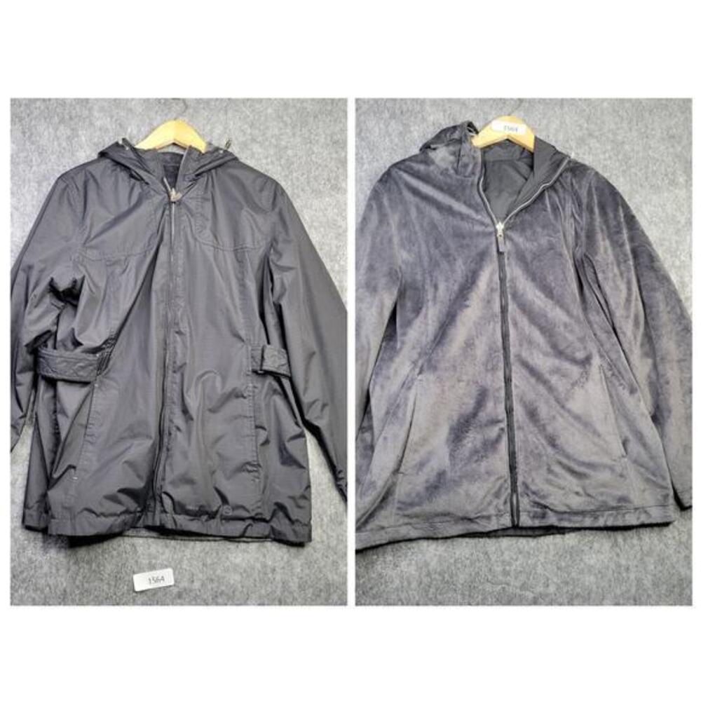 Free Country Women Jacket Size Large Black Gray Fleece Reversible Hooded
